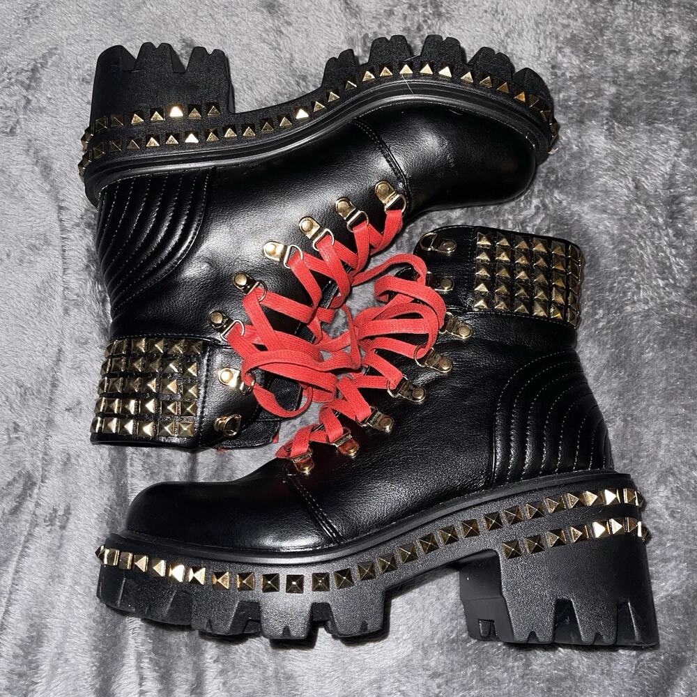 Gold Studded Lace Up Black and Red Platform Boots Women's Size 7
